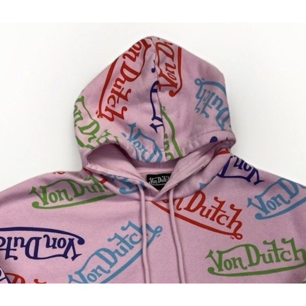 Von Dutch Pink All Over Logo Hoodie Sweatshirt Cropped Y2K Streetwear Womens S - Picture 4 of 9